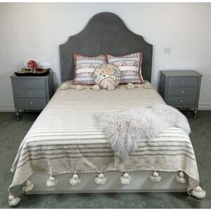 Moroccan POM POM Blanket Cream & Beige Stripe Bed Cover 112" x 92" WALL TAPESTRY